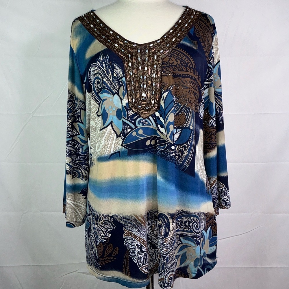 dressbarn plus size 2X Top Blue and Brown‎ Paisley Tunic floral fall top